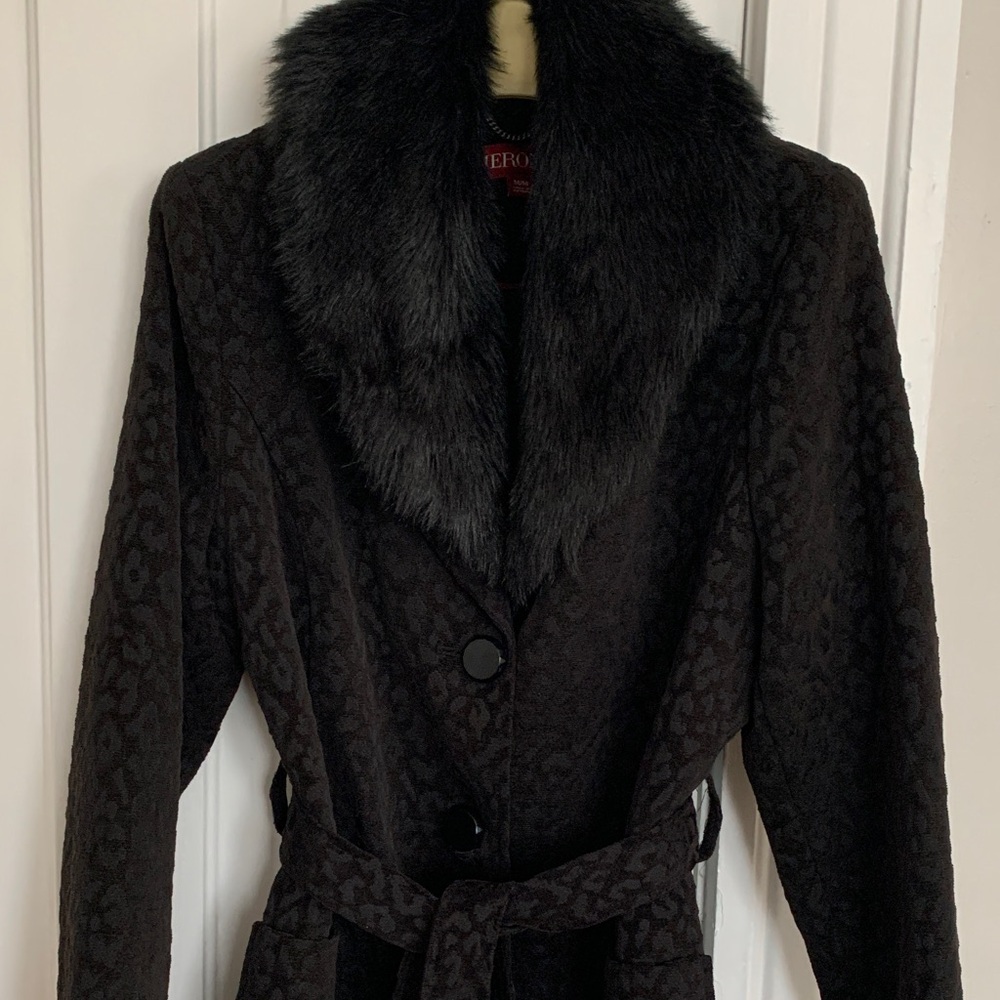 Merona Black Textured Dress Coat with Detachable Fur Collar Size M